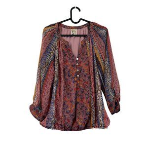 Fig & Flower Multicolor Floral Boho Long Sleeve Peasant Blouse Womens Medium